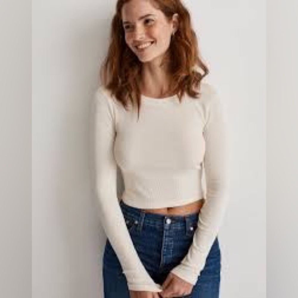 Madewell Brightside Finerib Crewneck Long-Sleeve Tee, Antique Cream/White size L